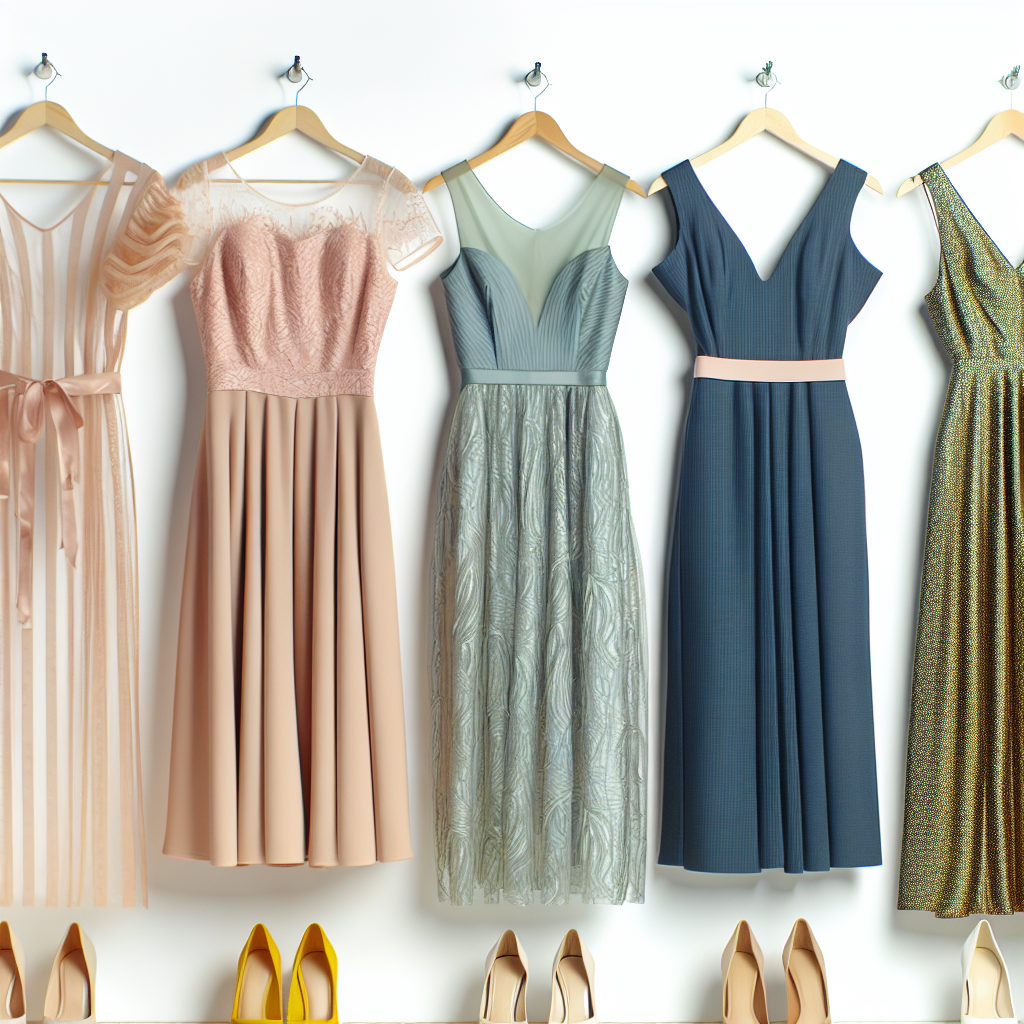 Verschiedene elegante Kleider in Pastell-, Blau- und Metallictönen hängen an einer Kleiderstange, mit passenden Schuhen.