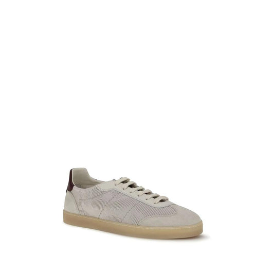 Brunello Cucinelli Beige Calf Leather Bos Taurus Low Top Sneakers by Brunello Cucinelli