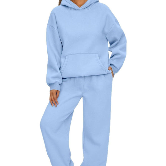 Damen Hoodie Und Hose Set Alltagslookkomfort GebürstetesFleecegewebe HaptikFaszination in hellem Blau, bequeme Passform und entspannter Schnitt.
