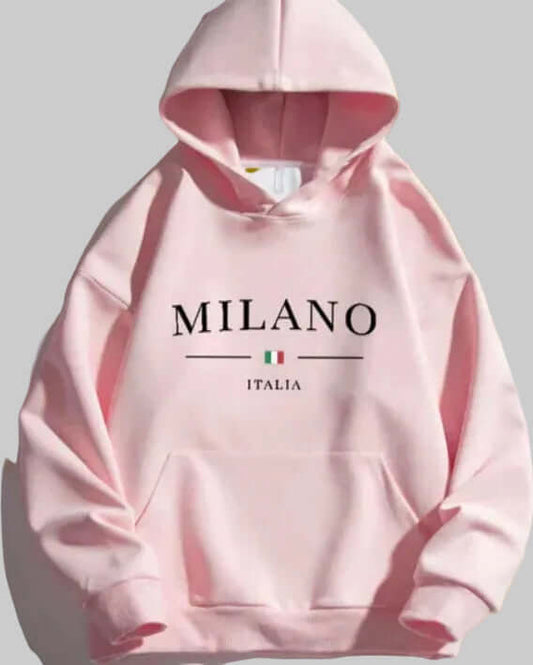 Lässige Hoodie Fleecegefüttert Einfarbig Kapuzenpullover Mit Seitentaschen in Rosa mit Milano Aufdruck für modische Damen.