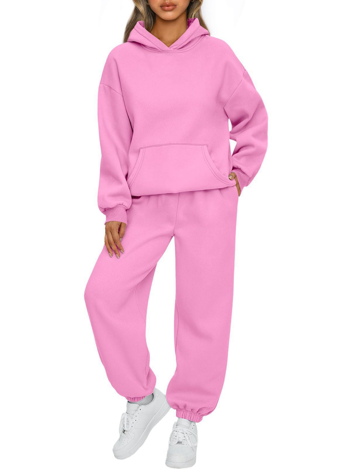 Damen Hoodie Und Hose Set Alltagslookkomfort GebürstetesFleecegewebe HaptikFaszination in rosa, bequemer Schnitt, klare Silhouette.