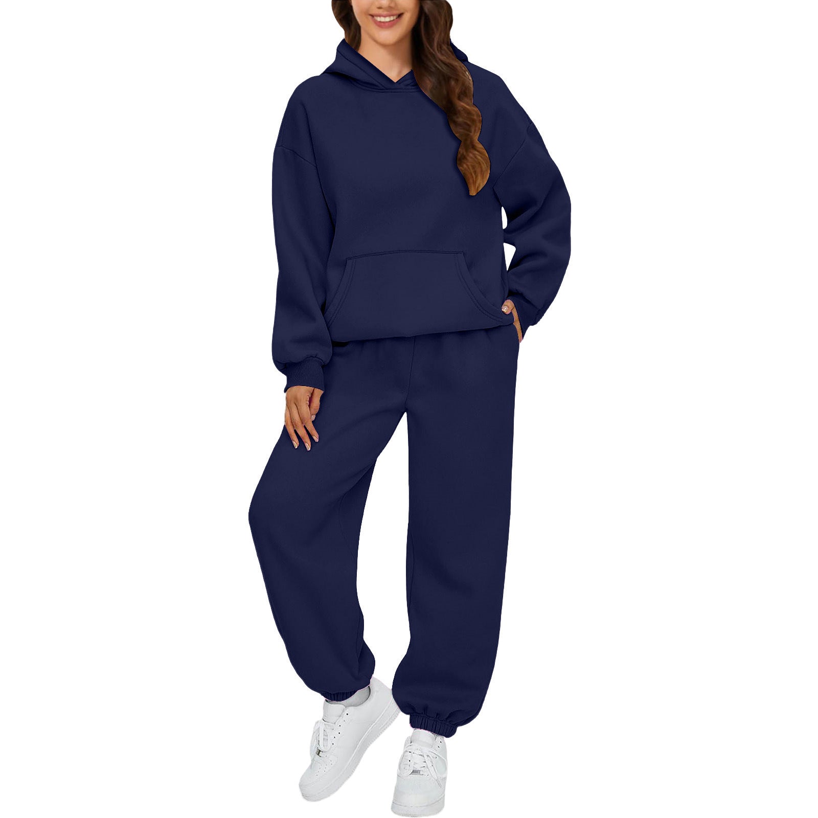 Damen Hoodie Und Hose Set Alltagslookkomfort GebürstetesFleecegewebe HaptikFaszination in Dunkelblau, bequemer Schnitt, gepflegter Look.