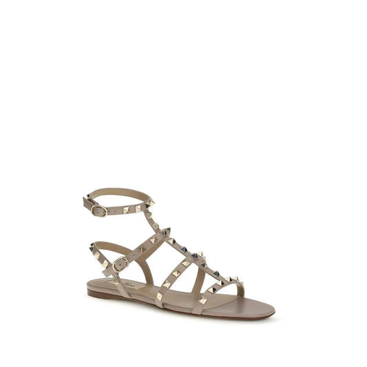 Valentino Garavani Beige Kalbsleder Bos Taurus Flache Sandalen by Valentino Garavani