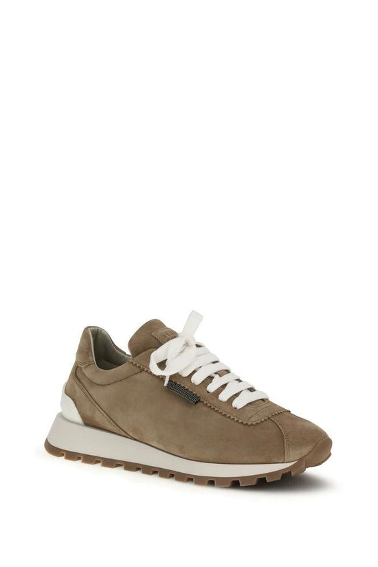 Brunello Cucinelli Beige Calf Leather Bos Taurus Platform Sneakers by Brunello Cucinelli