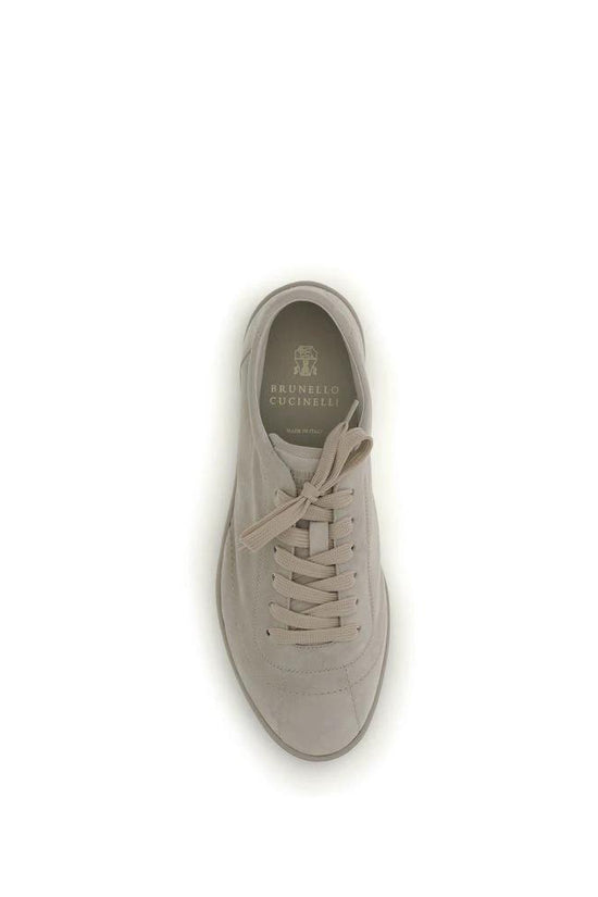 Brunello Cucinelli Beige Calf Leather Bos Taurus Low Top Sneakers by Brunello Cucinelli