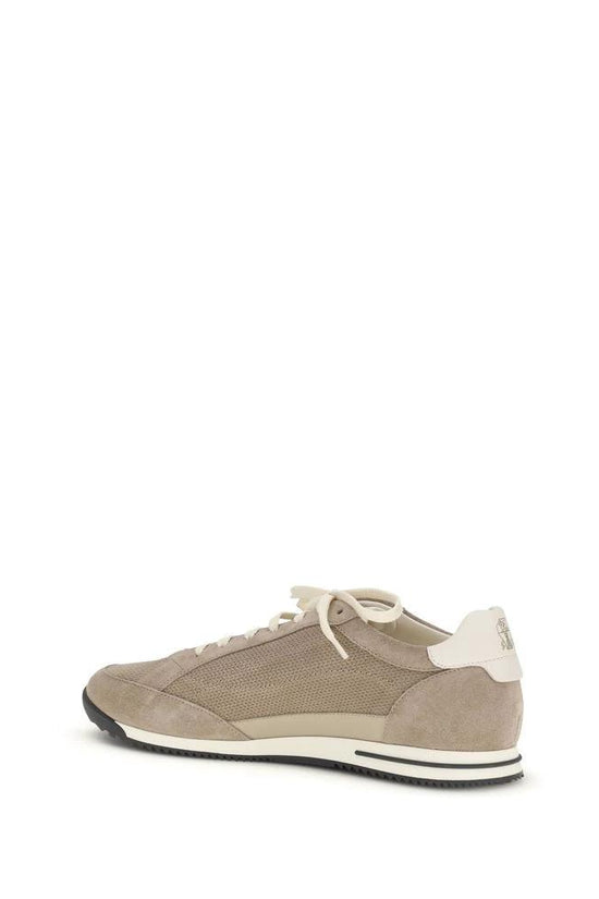 Brunello Cucinelli Beige Calf Leather Bos Taurus Low Top Sneakers by Brunello Cucinelli