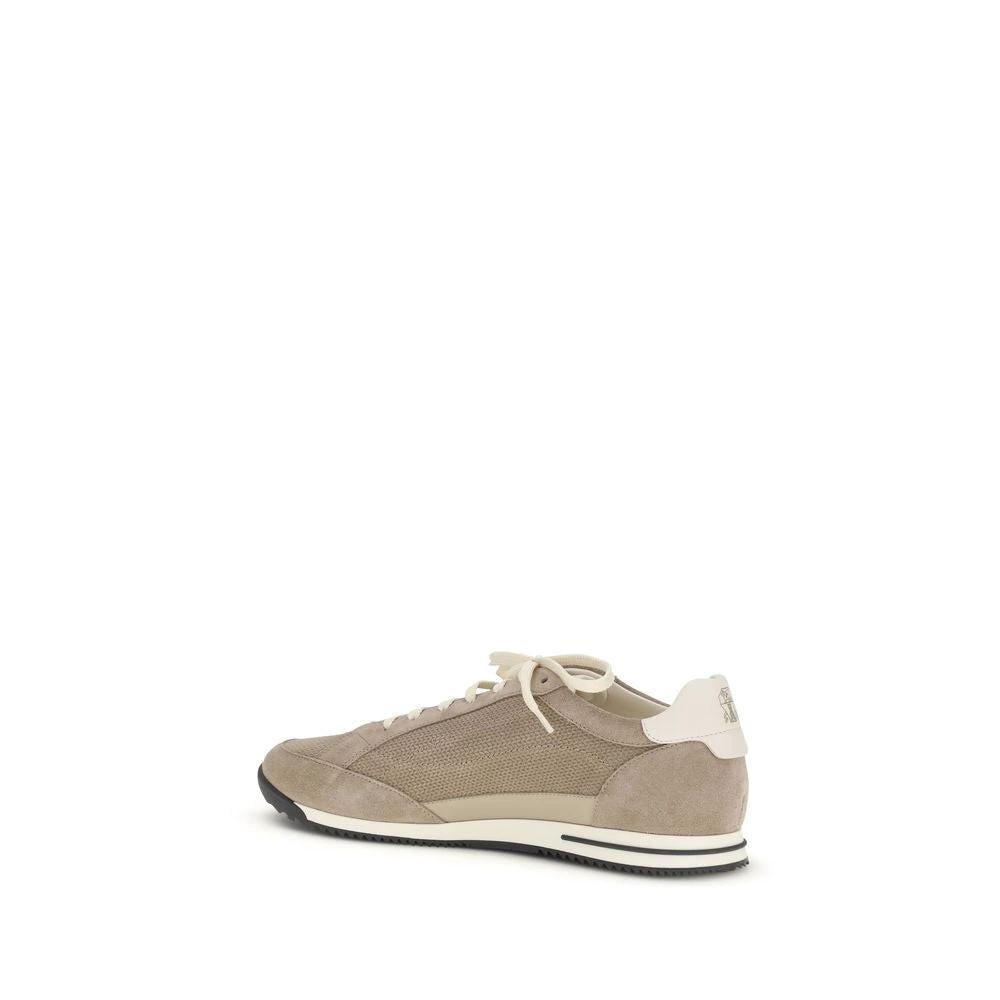 Brunello Cucinelli Beige Calf Leather Bos Taurus Low Top Sneakers by Brunello Cucinelli