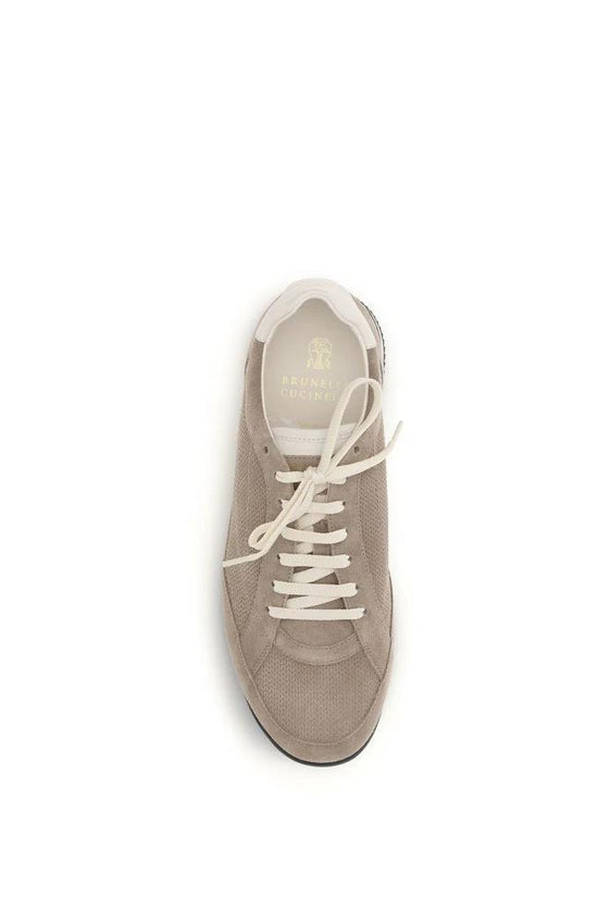 Brunello Cucinelli Beige Calf Leather Bos Taurus Low Top Sneakers by Brunello Cucinelli