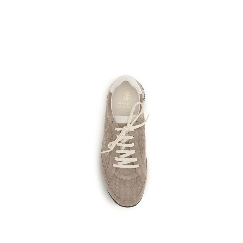 Brunello Cucinelli Beige Calf Leather Bos Taurus Low Top Sneakers by Brunello Cucinelli
