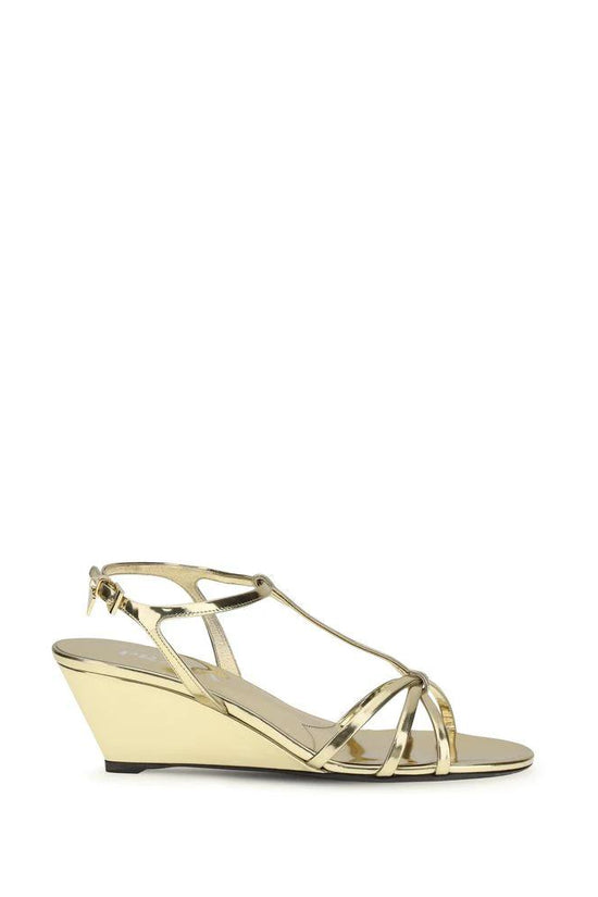 Prada Gold Calf Leather Bos Taurus Keilabsatz-Sandalen by Prada