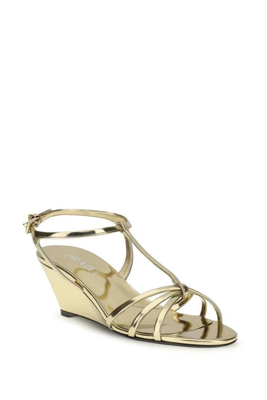 Prada Gold Calf Leather Bos Taurus Keilabsatz-Sandalen by Prada