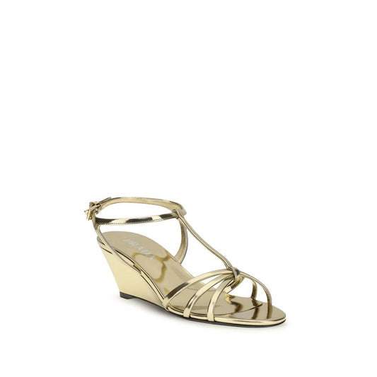 Prada Gold Calf Leather Bos Taurus Keilabsatz-Sandalen by Prada