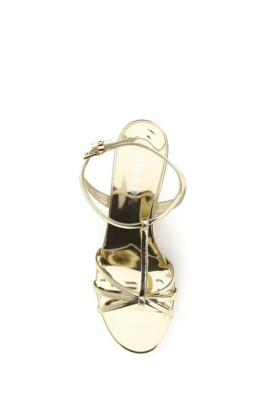Prada Gold Calf Leather Bos Taurus Keilabsatz-Sandalen by Prada