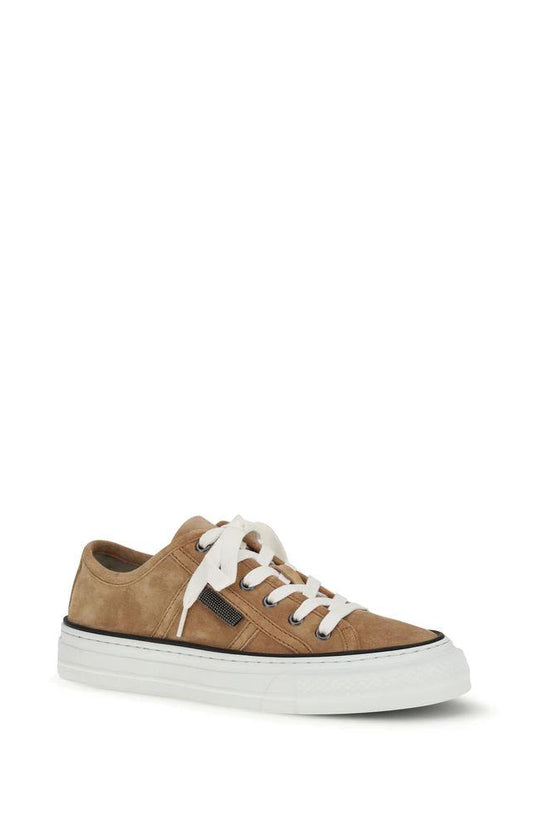 Brunello Cucinelli Beige Calf Leather Bos Taurus Low Top Sneakers by Brunello Cucinelli