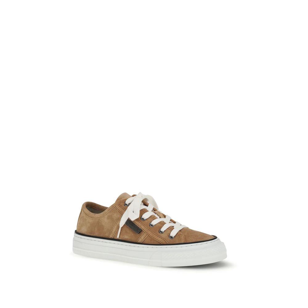 Brunello Cucinelli Beige Calf Leather Bos Taurus Low Top Sneakers by Brunello Cucinelli