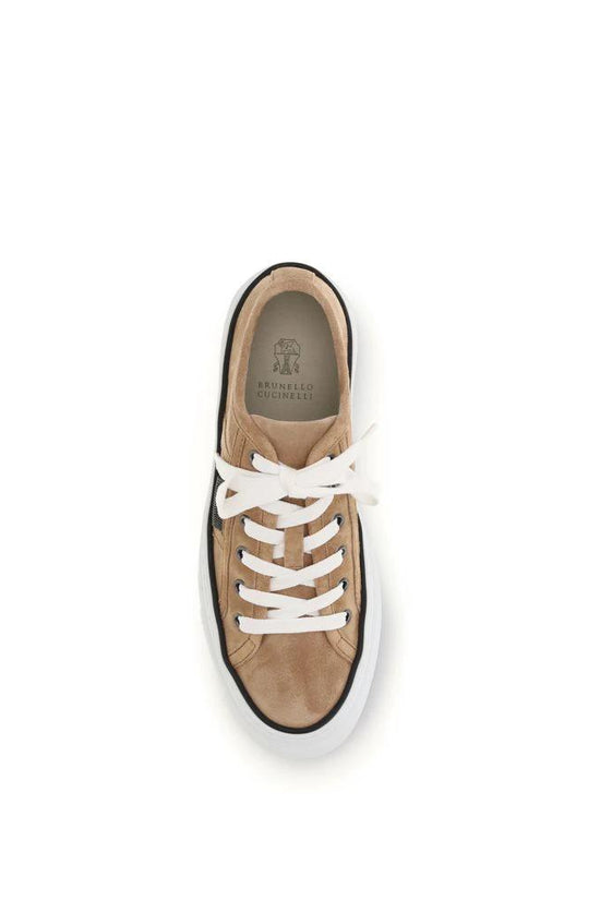 Brunello Cucinelli Beige Calf Leather Bos Taurus Low Top Sneakers by Brunello Cucinelli