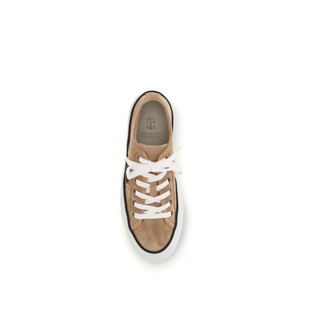 Brunello Cucinelli Beige Calf Leather Bos Taurus Low Top Sneakers by Brunello Cucinelli