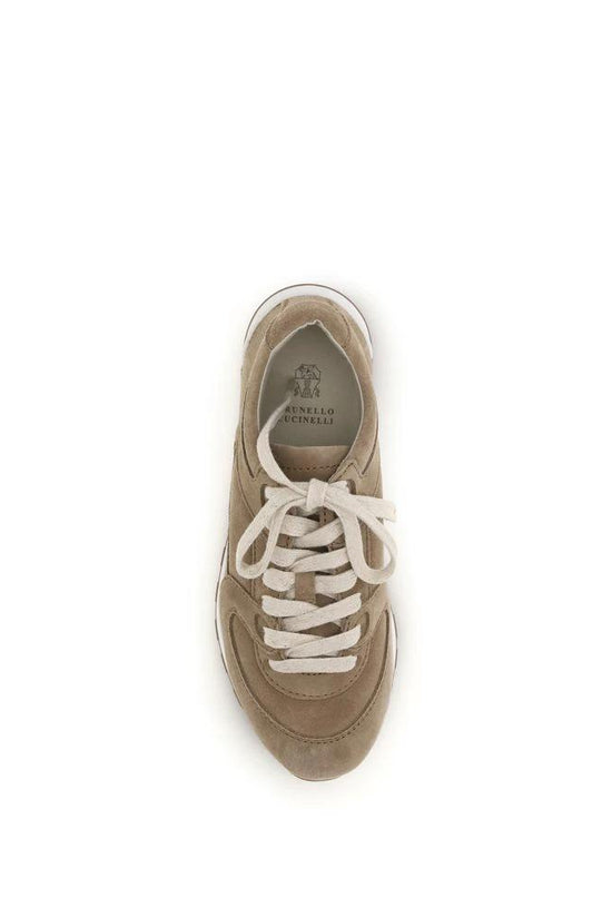 Brunello Cucinelli Beige Calf Leather Bos Taurus Low Top Sneakers by Brunello Cucinelli