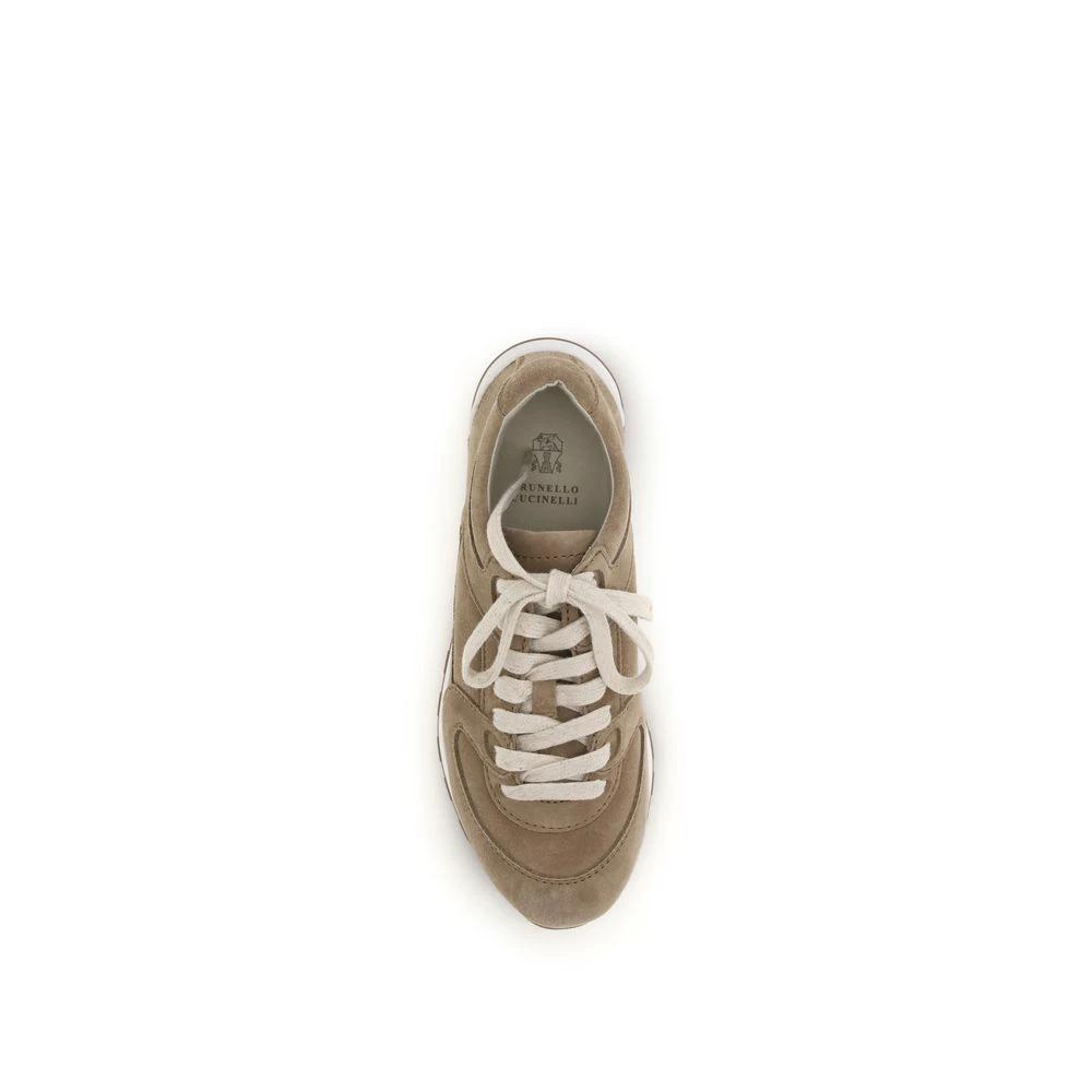Brunello Cucinelli Beige Calf Leather Bos Taurus Low Top Sneakers by Brunello Cucinelli