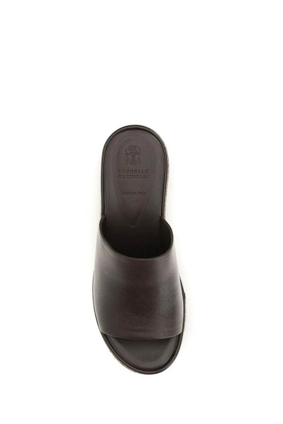 Brunello Cucinelli Braune Bos Taurus Kalbsleder Plateau-Sandalen by Brunello Cucinelli