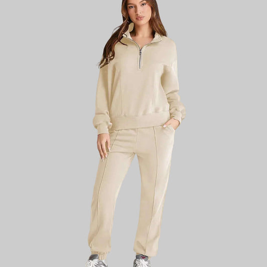 Shiying Herbst Winter Neues Einfarbiges Sportliches Damen Set in hellem Beige für bequemen und modernen Stil.