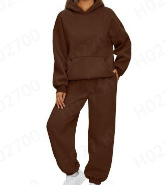 Damen Hoodie Und Hose Set Alltagslookkomfort GebürstetesFleecegewebe HaptikFaszination in Braun, bequeme Passform, klare Silhouette.