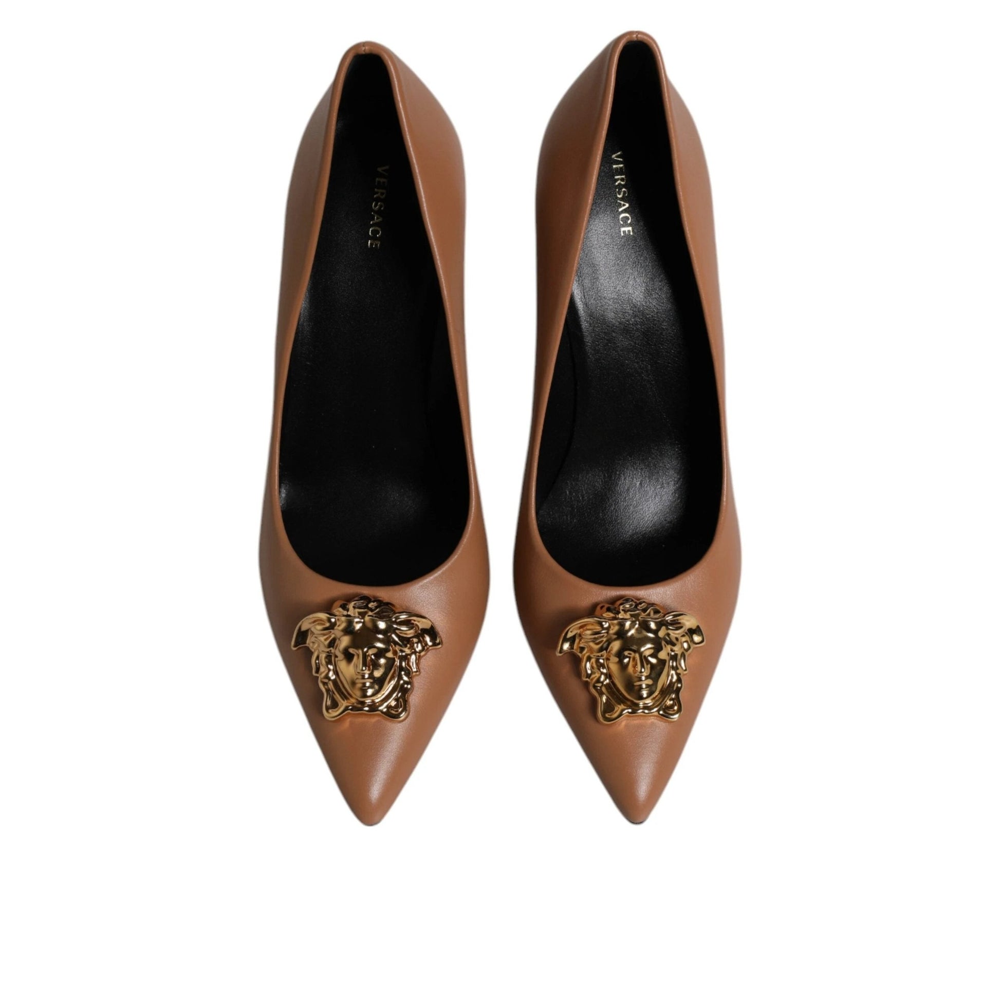 Versace Braun Leder Logo Plaque High Heels Pumps Schuhe by Versace