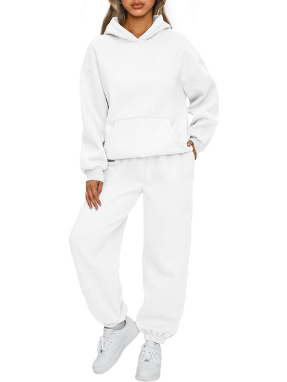 Damen Hoodie Und Hose Set Alltagslookkomfort GebürstetesFleecegewebe HaptikFaszination in Weiß, bequeme Passform, entspannter Schnitt.