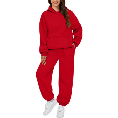 Damen Hoodie Und Hose Set Alltagslookkomfort GebürstetesFleecegewebe HaptikFaszination in roter Farbe, lässige Passform.