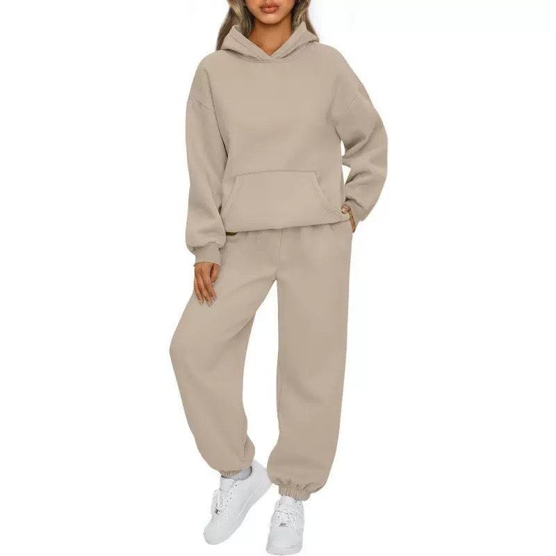 Damen Hoodie Und Hose Set Alltagslookkomfort GebürstetesFleecegewebe HaptikFaszination in beigem Farbton, entspannter Schnitt, bequeme Passform.