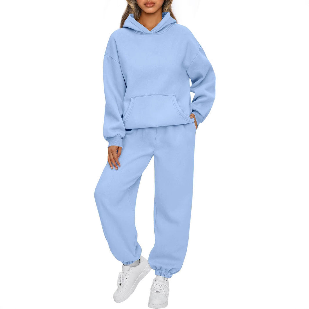 Damen Hoodie Und Hose Set Alltagslookkomfort GebürstetesFleecegewebe HaptikFaszination in sanftem Hellblau, lockerer Schnitt.