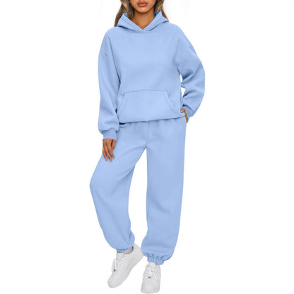 Damen Hoodie Und Hose Set Alltagslookkomfort GebürstetesFleecegewebe HaptikFaszination in sanftem Hellblau, lockerer Schnitt.