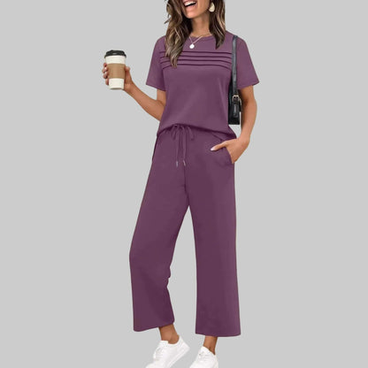 Zweiteiliges Sommeroutfit Für Reise Und Urlaub Mit Kurzarm Casual Set in lila, für Damen, modischer, lässiger Look