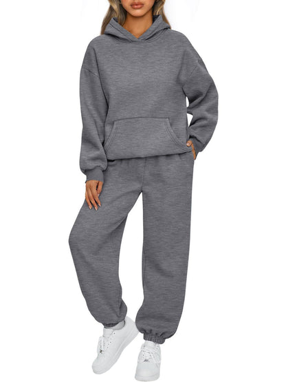 Damen Hoodie Und Hose Set Alltagslookkomfort GebürstetesFleecegewebe HaptikFaszination in Grau, bequemer Schnitt, entspannte Passform.