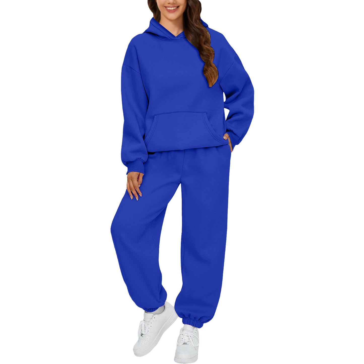 Damen Hoodie Und Hose Set Alltagslookkomfort GebürstetesFleecegewebe HaptikFaszination in Blau, entspanntes Design und bequeme Passform.