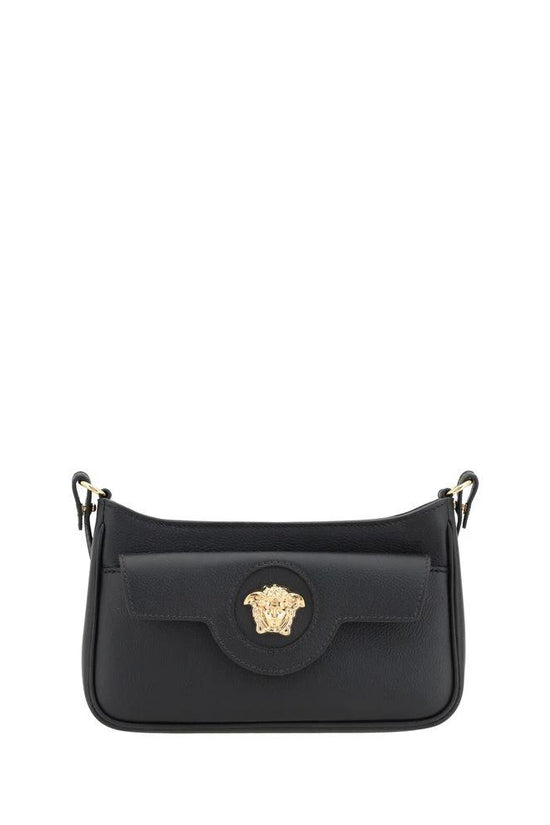 Versace Schwarze Bos Taurus Kalbsleder Schultertasche by Versace