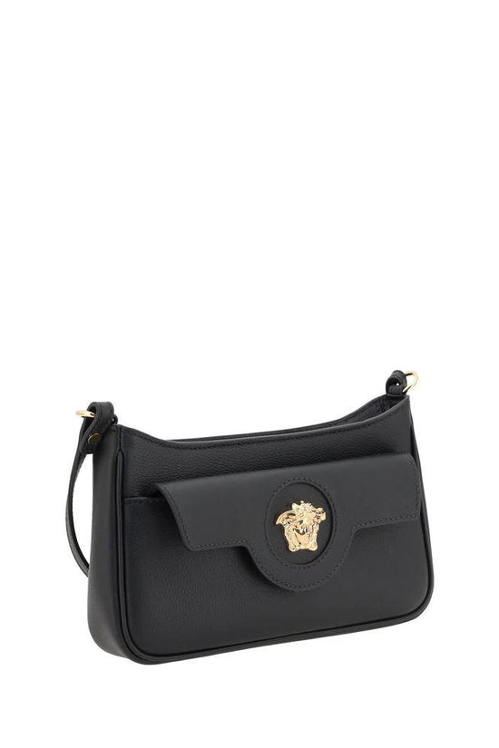 Versace Schwarze Bos Taurus Kalbsleder Schultertasche by Versace