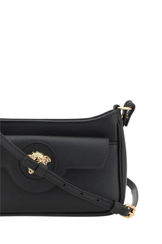 Versace Schwarze Bos Taurus Kalbsleder Schultertasche by Versace