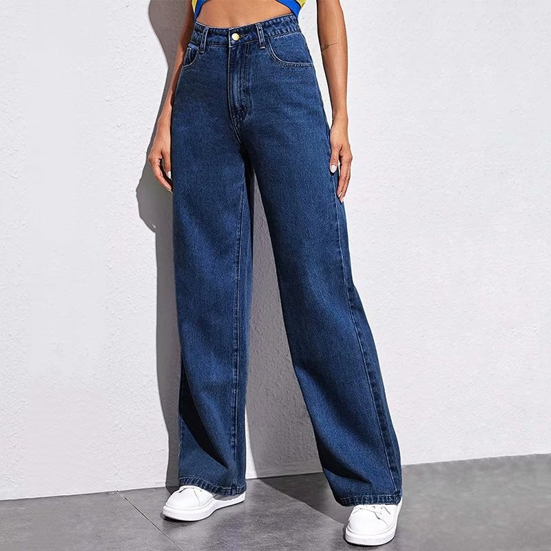 Damen Jeans hoher Bund gerade – Eleganter Schnitt für Alltag, weite Beine in Dunkelblau.
