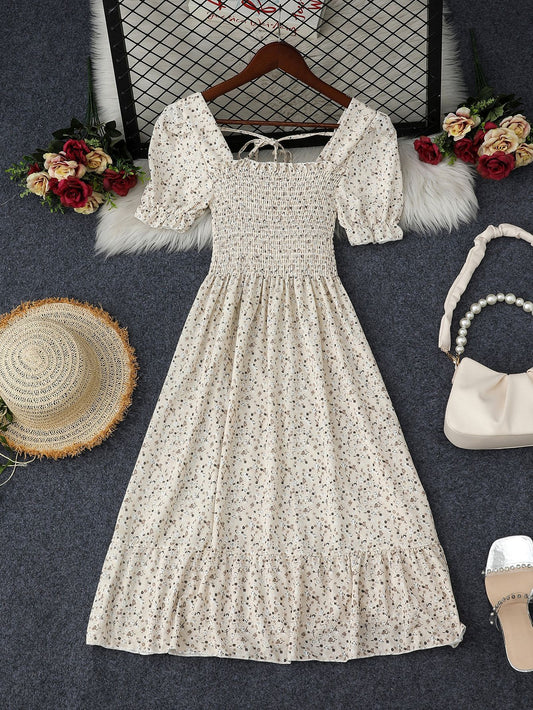 Kleid – Französischer Retro-Blumenprint, Strukturierte Gewebeoptik Bügellinienführung, eleganter Schnitt, femininer Stil, bequeme Passform.