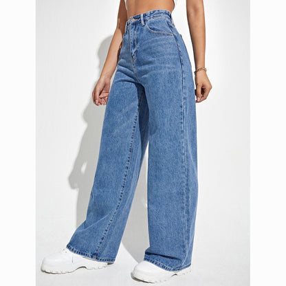 Damen Jeans hoher Bund gerade mit weitem Schnitt in blau, elegant für den Alltag