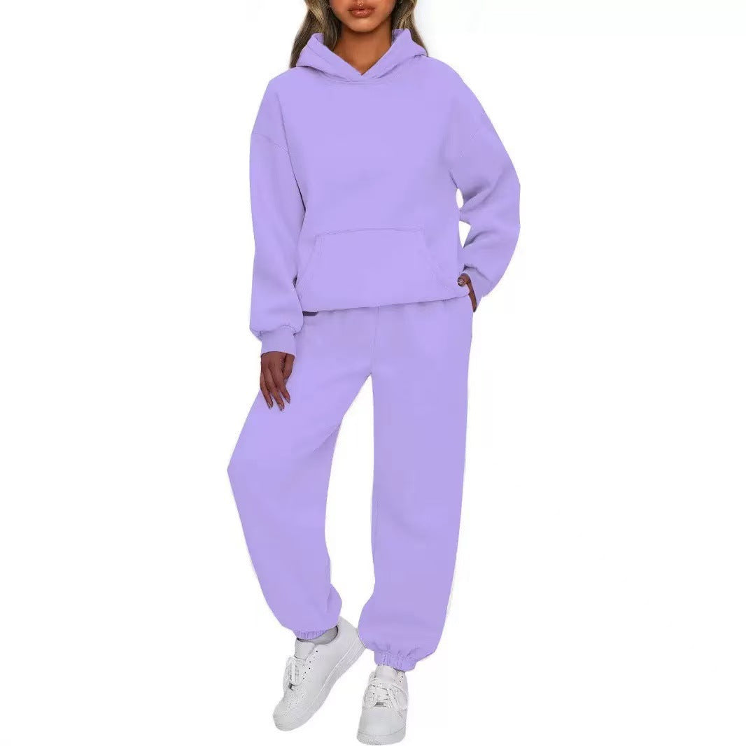 Damen Hoodie Und Hose Set Alltagslookkomfort GebürstetesFleecegewebe HaptikFaszination in lila, entspannte Passform, klare Silhouette.