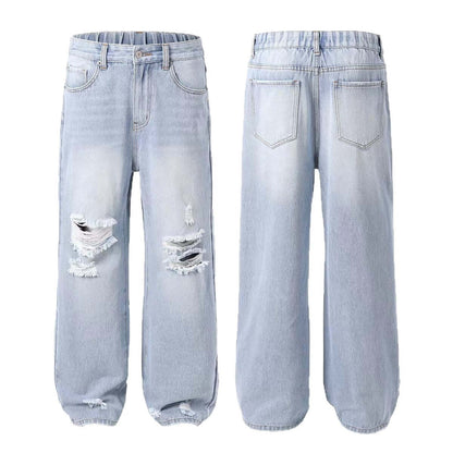 Damen Ausgefranste Denim Hose Relaxed Fit Street Style in hellblau mit lässigem und modernem Design für Streetwear.