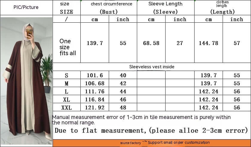 Braunes Zweiteiliges Abaya Set Langes Kleid Und Lange Jacke Damen Größen und Maßtabelle für optimale Passform in modernem Design.