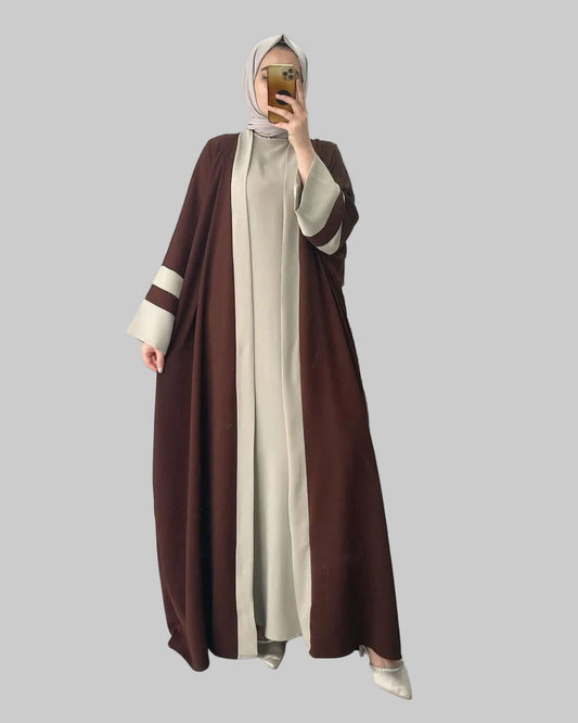 Braunes Zweiteiliges Abaya Set Langes Kleid Und Lange Jacke Damen in modernem und hochwertigem Stil für Damenmode und Streetwear.