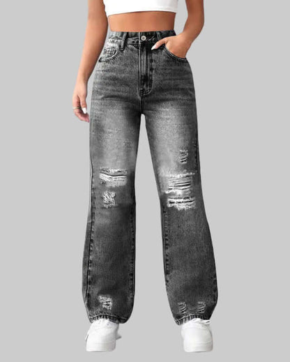 Damen Ausgefranste Denim Hose Relaxed Fit Street Style in Schwarz mit destroyed Details für trendige Streetwear.