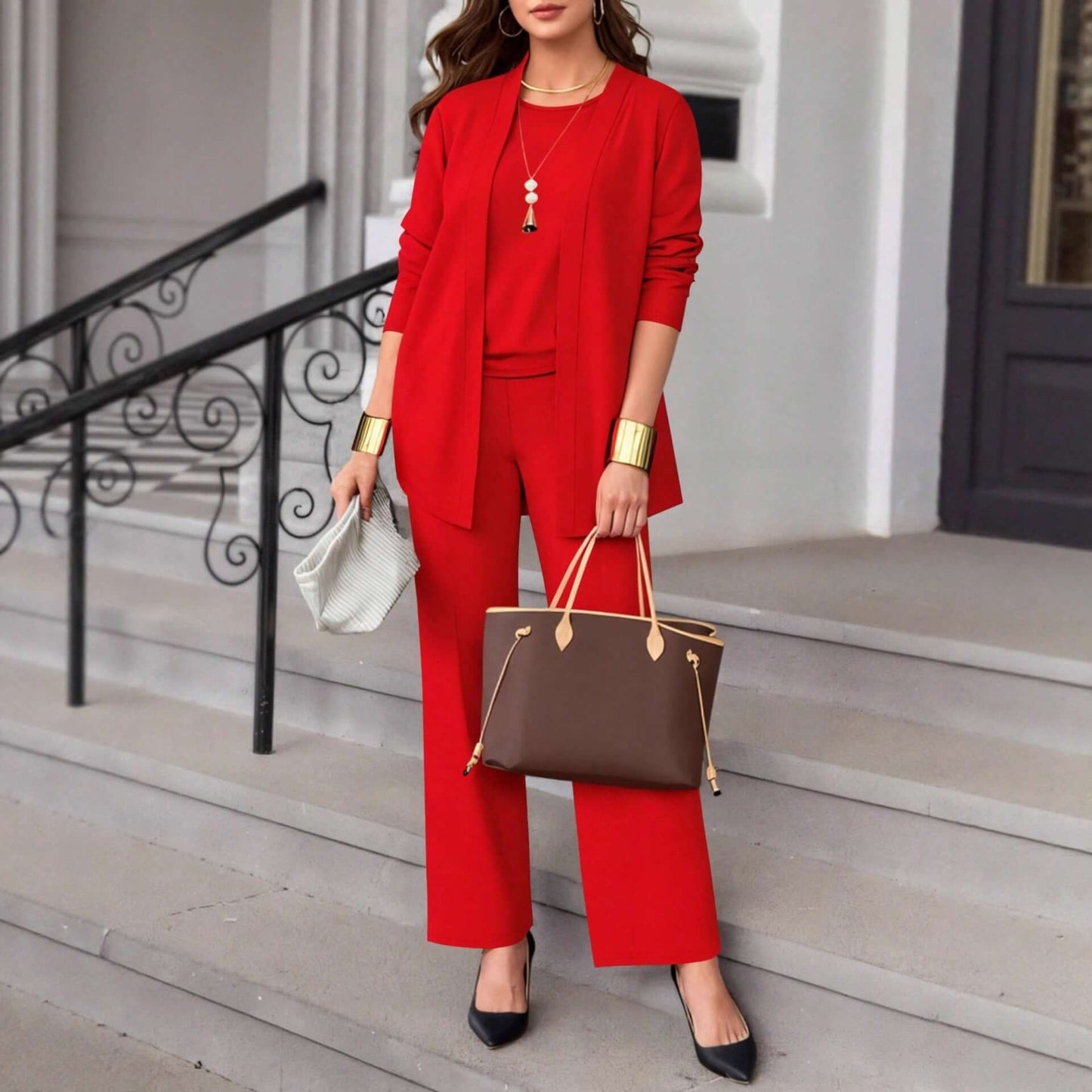 Damen Dreiteiliges Set Cardigan Jacke Mit Weste Und Gerade Hose Polyester Casual Japan Korea Stil Größen Von 1XL Bis 5XL