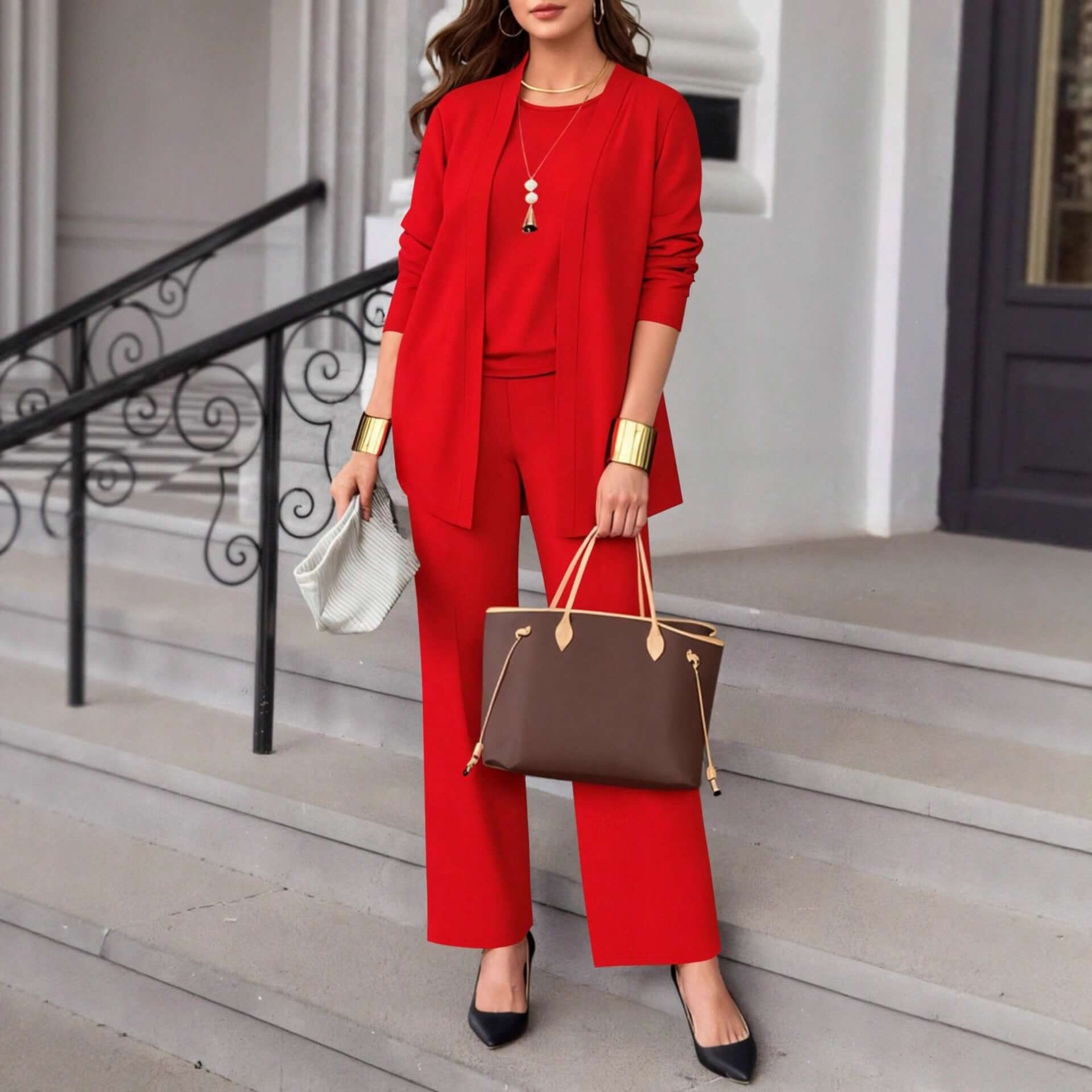 Damen Dreiteiliges Set Cardigan Jacke Mit Weste Und Gerade Hose Polyester Casual Japan Korea Stil Größen Von 1XL Bis 5XL