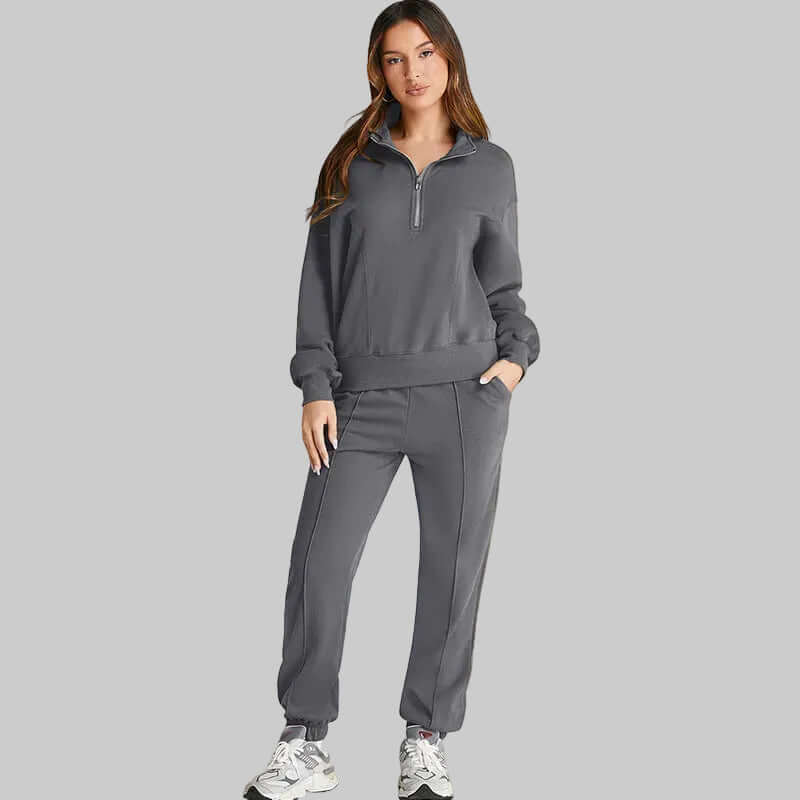 Shiying Herbst Winter Neues Einfarbiges Sportliches Damen Set in Grau mit Basic Longsleeve für bequemen Stil