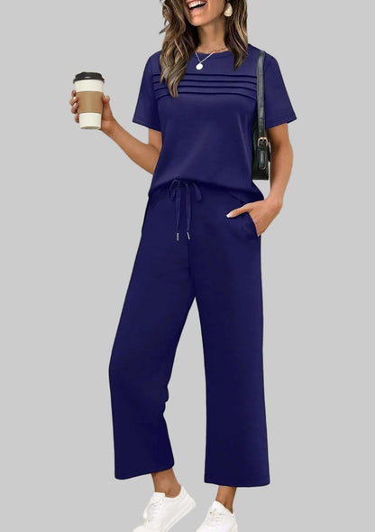 Zweiteiliges Sommeroutfit Für Reise Und Urlaub Mit Kurzarm Casual Set in navy, Basic Longsleeve Damen, lässiger Stil.